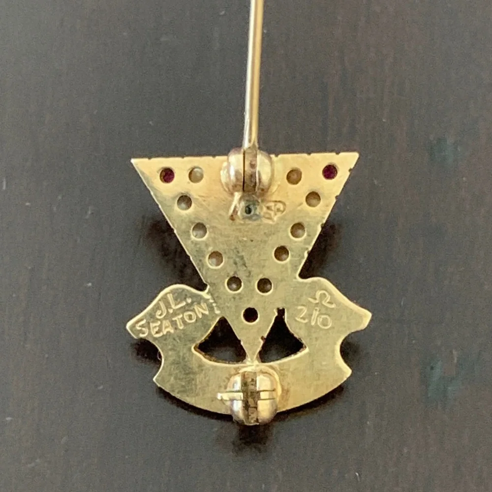 Vintage TKE 14kt Skull & Crossbones Sweetheart Pin with Ruby and Pearl Accents